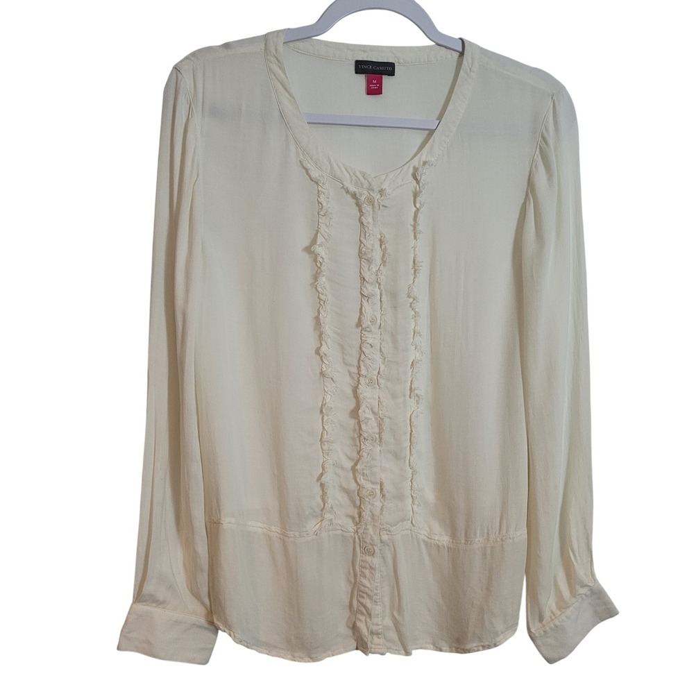 Vince Camuto Ivory Ruffle Front Button Down Blouse Long Sleeve Rayon Cream Med